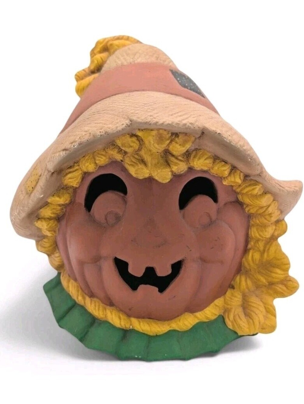 Vintage Halloween Scarecrow Pumpkin Jack O Lantern Resin Tealight Candle Holder
